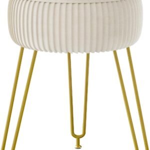 IBUYKE Velvet Round Footrest Stool Ottoman, Makeup Vanity Stool Side Table, Velvet Dressing Table Seat, Pouf Couch Stool, Golden Steel Legs, Creamy-White LG-30M
