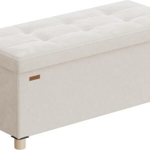 SONGMICS Storage Ottoman Bench, Folding Storage Chest, 15 x 30 x 15.2 Inches, Foot Rest Stool, 20 Gal. (77 L), Velvet Surface, for Bedroom, Entryway, Living Room, Cappuccino Beige ULSF0517W02